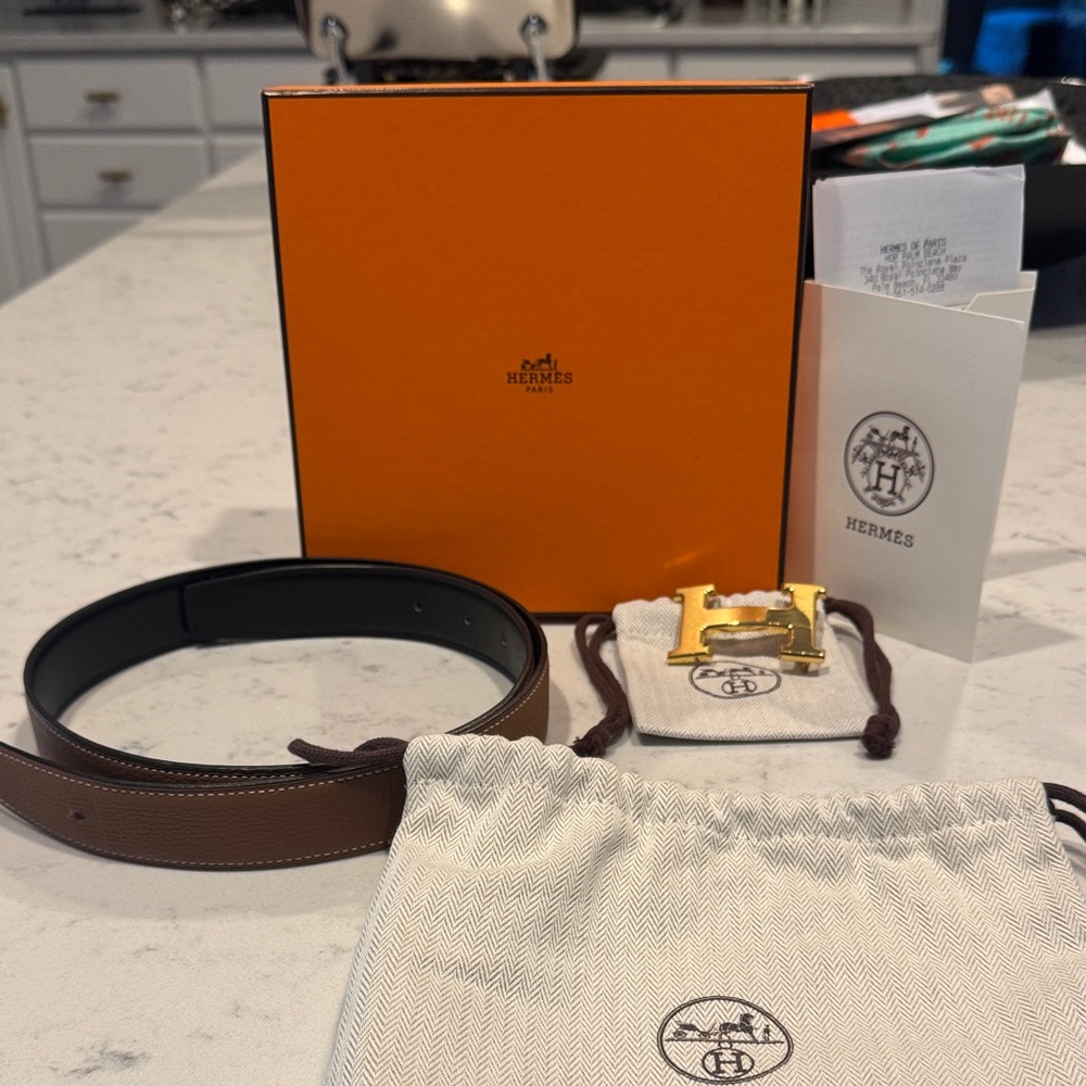 Hermes Brown and Black Leather Belt with Gold Buckle